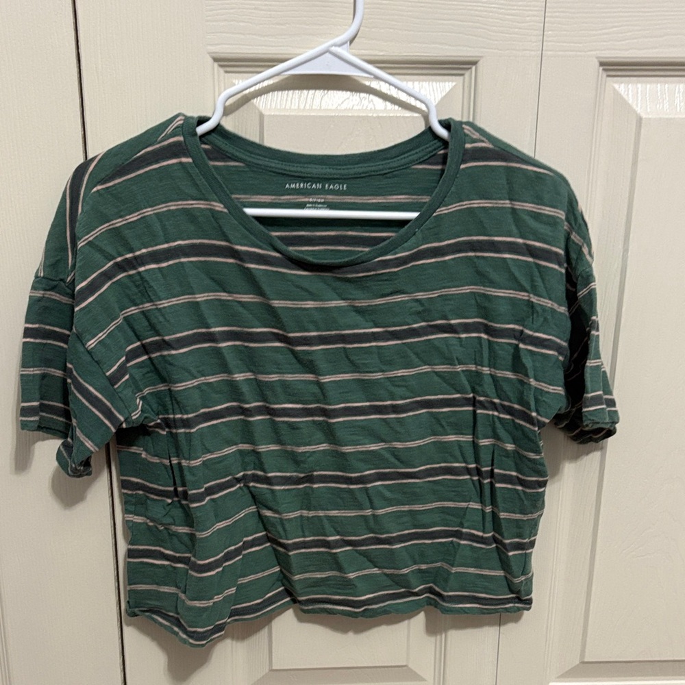 American Eagle Green and Pink Striped Tee